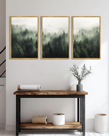 PHOPAGO Green Fog Pine Tree Framed Wall Art Huge 24x36in Nature Misty Nordic Forests Artwork Morden Paints for Living Room Bedroom Decor - Natural Framed