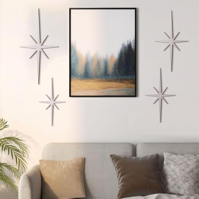 Blulu 4 Pcs Cast Iron Starburst Shaped Wall Decor Metal Mid Century Modern Decor Retro Atomic Stars Wall Art Elegance Accents Vintage Celestial Whimsigoth Hangings for Home Office Room(Silver)