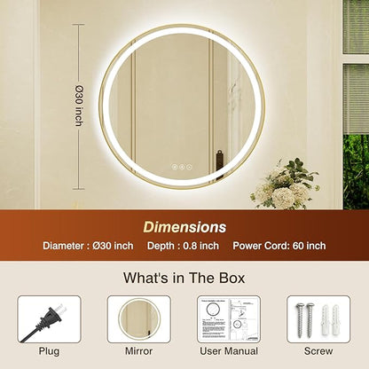 30 Inch Round Gold Framed LED Bathroom Mirror with Lights, Built-in Bluetooth Speaker,Tempered Glass,Dimmable Lighted Bathroom Vanity Mirror with 3 Colors, Backlit + Frontlit, Memory, Anti-Fog