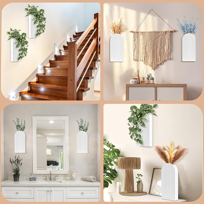 Wall Planter for Indoor Plants, Wood Wall Decor Hanging Planter, Wall Vases for Decor Dried Flowers and Faux Greenery, Set of 2 Farmhouse Wall Vase for Living Room, Bedroom, White