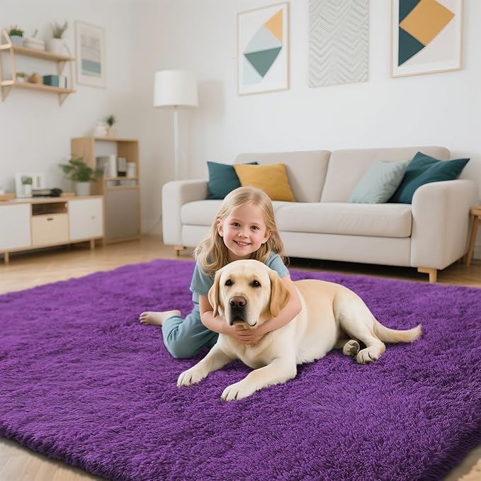 Purple Fluffy Rug Shag Area Rug, 4x6 Area Rugs for Girls Bedroom, Soft Cute Baby Play Mat, Indoor Floor Carpet for Teen, Nursery, Preppy Dorm, Plush Aesthetic Bedside Rug