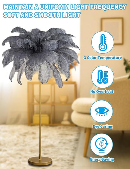 Feather Floor Lamp,Fluffy Ostrich Feather Floor Lamp for Bedroom,3 Color Temperatures Led Corner Modern Floor Lamps for Living Room Christmas Home Decor House Warming Gifts,63″ Height (Grey)