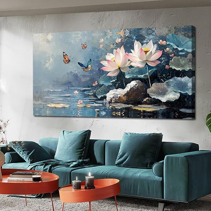Ardemy Lotus Flower Wall Art for Living Room Butterfly Canvas Art Wall Decor, Floral Painting Textured Large Framed Picture Artwork Bedroom Kitchen Dining Home Office 48"x24"