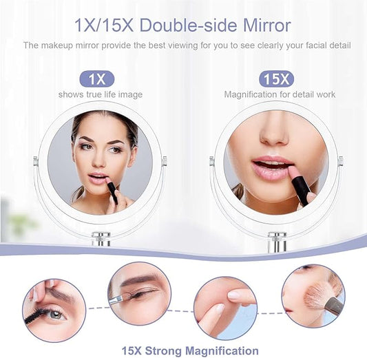 CLSEVXY Vanity Makeup Mirror with Stand, 1X/15X Magnification Double Sided 360 Degree Swivel, Portable Table Desk Counter top Magnifying Mirror, Tabletop Mirror for Bedroom or Dorm Room, 6.25 Inch