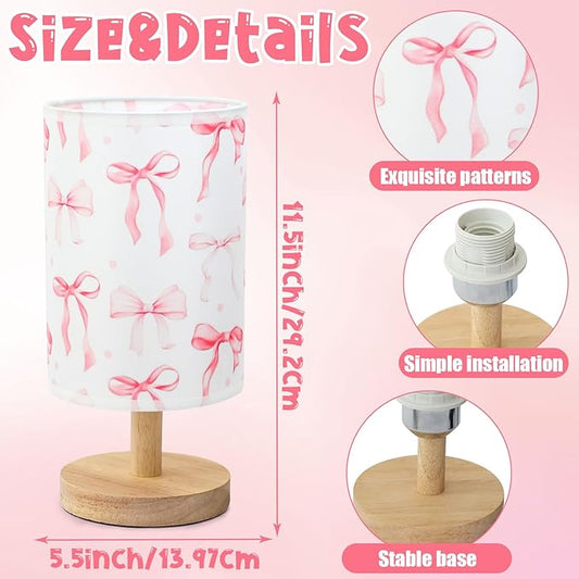Bow Kids Table Lamp for Bedroom Kids Bedside Lamp with Linen Wooden Nightstand Cartoon Nursery Lampshade for Girls Room Pink Bow Decor