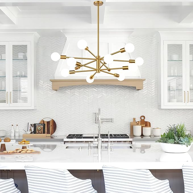 10.9"-52.3" Height Adjustable Modern Chandelier Ceiling Light Fixture, 12-Light Sputnik Chandeliers Brushed Gold Mid Century Chandelier Over Table, Chandeliers for Dining Room (Bulbs Not Included)