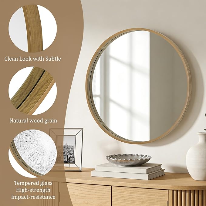 WallBeyond Round Mirror with Wood Frame, 28" Circle Modern Decoration Large Home Decor Mirror for Bathroom Living Room Bedroom Entryway (28" Diameter, Natural Wood)