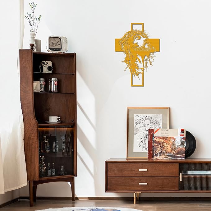 Slickss Golden Jesus Wall Art, Metal Cross Wall Decor with Jesus Figure, 14x10 Inch Religious Wall Hanging, Christian Home Decor for Living Room, Office, Bedroom