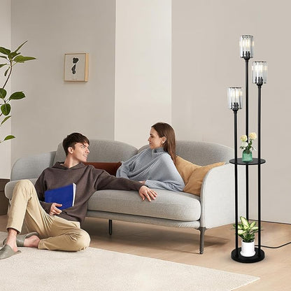 HMVPL Crystal Floor Lamp with Shelves, Modern Floor Lamps for Living Room, 3-Light Standing Lamps with Table, Black Tall Lamp with Crystal Shade, On/Off Foot Switch, Corner Floor Lamp for Bedroom