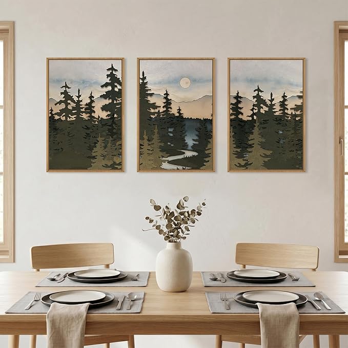HPNIUB Woodcut Style Mountain Framed Wall Art Set,Vintage Pine Tree Wall Decor,Boho Sunset Nature Art Print,Wilderness Forest Artwork for Living Room, Bedroom,Dining Room,Office-24 x36 x3