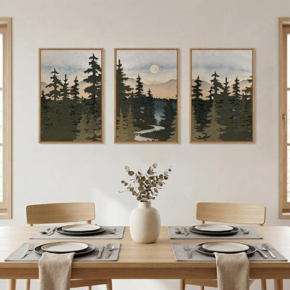 HPNIUB Woodcut Style Mountain Framed Wall Art Set,Vintage Pine Tree Wall Decor,Boho Sunset Nature Art Print,Wilderness Forest Artwork for Living Room, Bedroom,Dining Room,Office-16''x24''x3