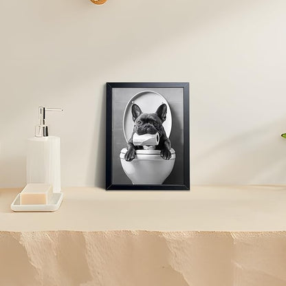 Funny French Bulldog Bathroom Canvas Wall Art, Black and White Frenchie Poster Decor, Cute Puppy Toilet Painting Print Picture Wall Decor for Farmhouse Restroom Washroom Home Decoration 8x10 Inch Framed