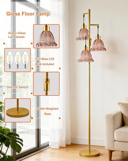 3-Light Modern Glass Floor Lamp, Gold Standing Tall Lamp with Deep Red Lily Glass Shade for Reading, Dimmable LED Floor Lamp with 5Lbs Heavy Base for Living Room Bedroom Home Decor, Bulb Included