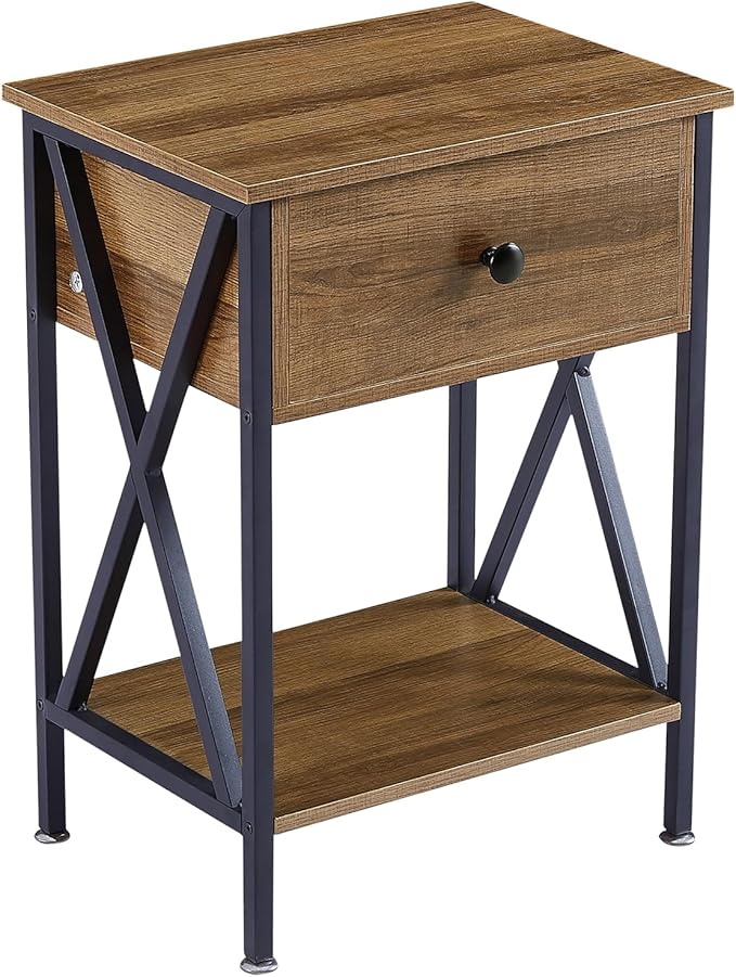 VECELO Nightstand,Modern Bedside End Table, Night Stand with Drawer and Storage Shelf for Living Room Bedroom, Industrial Metal Frame