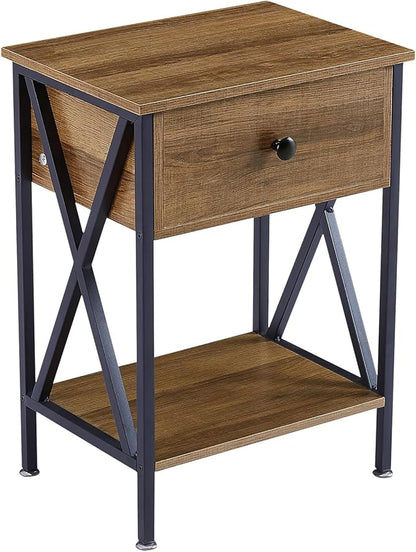 VECELO Nightstand,Modern Bedside End Table, Night Stand with Drawer and Storage Shelf for Living Room Bedroom, Industrial Metal Frame