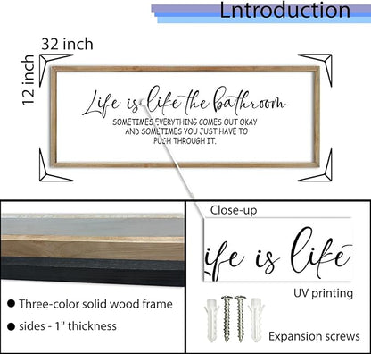FZMHASLWW Humorous Motivational Bathroom Wall Decor 32"×12" Life Is Like The Bathroom Sign Funny Inspirational Quote for Farmhouse Toilet Restroom Large Modern Wood Framed Wall Hanging Art (Wood)