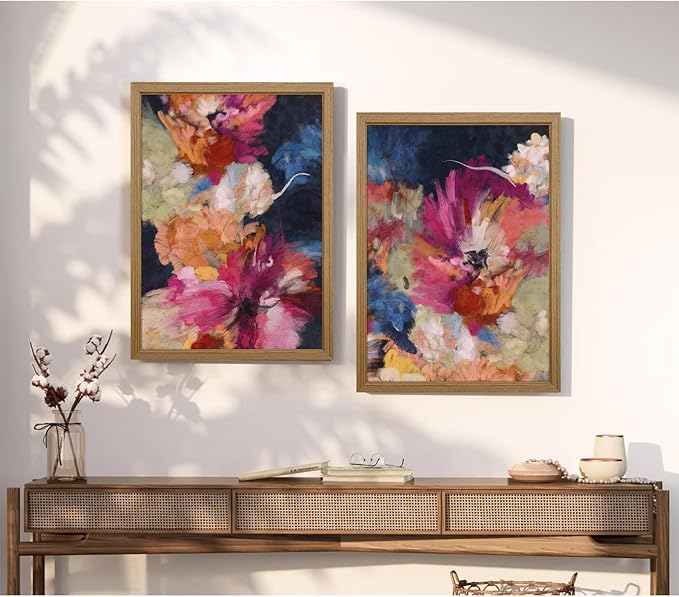 Colorful Abstract Wall Art Decor Modern Flower Canvas Wall Art Abstract Flower Pictures Painting Modern Colorful Artwork Posters Abstract Prints for Living Room Bedroom 16x24 Inch Framed Set of 2