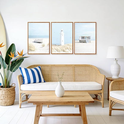 Aurlan Blue Coastal Beachy Seascape Framed Wall Art(16"x24"), 3PCS Neutral Modern Nautical Ocean Landscape Canvas Artwork, Large Minimalist Pampas Grass Sailboat Lighthouse Seagull Cabin Decor for Bedroom Living Room