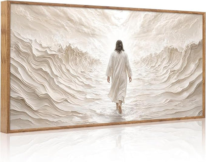 Aurlan Jesus Walking on Water Framed Wall Art(40"x20"), 3D Textured Modern Christian Biblical Faith Divine Light Canvas Artwork, Large Religious Spiritual LDS Baptism Gift Painting Decor for Home Office Living Room Bedroom