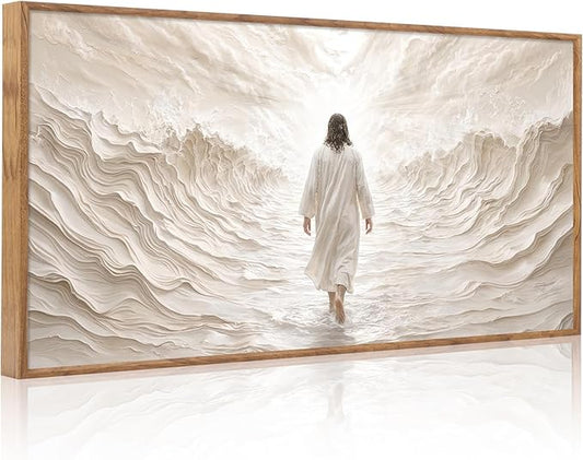 Aurlan Jesus Walking on Water Framed Wall Art(40"x20"), 3D Textured Modern Christian Biblical Faith Divine Light Canvas Artwork, Large Religious Spiritual LDS Baptism Gift Painting Decor for Home Office Living Room Bedroom