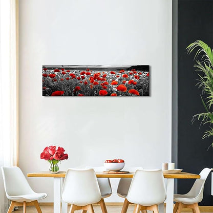 Nature Poppy Wall Art Red and Black Wall Decor Wildflower Field Landscape Picture Canvas Prints Sunrise Poppies Floral Painting Botanical Poster Artwork Living Room Bedroom Home Decorations 14x48”