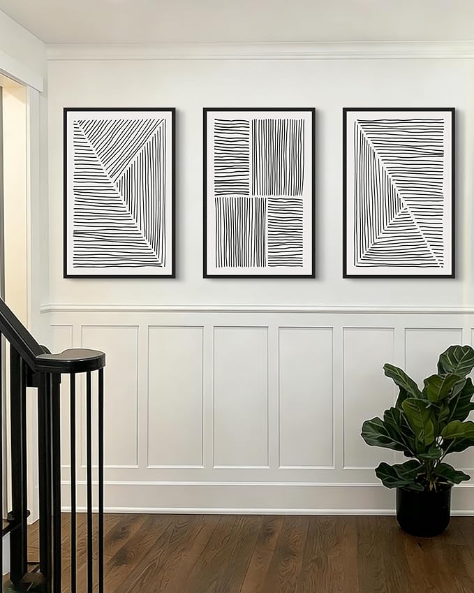 Drsoum Mid-Century Modern Framed Wall Art Large 24x36in Minimalist Abstract Boho Black Line Wall Decor Geometric Artwork Kitchen Dining Room Black Framed