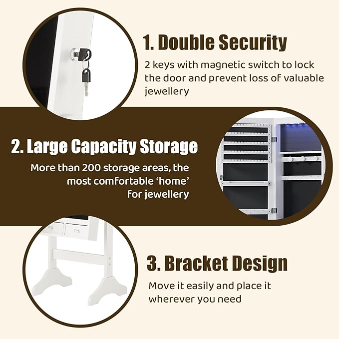 DUMOS Jewelry Armoire Cabinet with Full Length Mirror, 47.3" Jewelry Organizer, Lockable Large Capacity Jewelry Armoire with Drawers, 3 Adjustable Angles, White