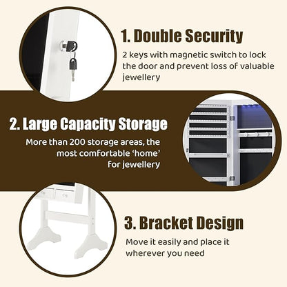 DUMOS Jewelry Armoire Cabinet with Full Length Mirror, 47.3" Jewelry Organizer, Lockable Large Capacity Jewelry Armoire with Drawers, 3 Adjustable Angles, White