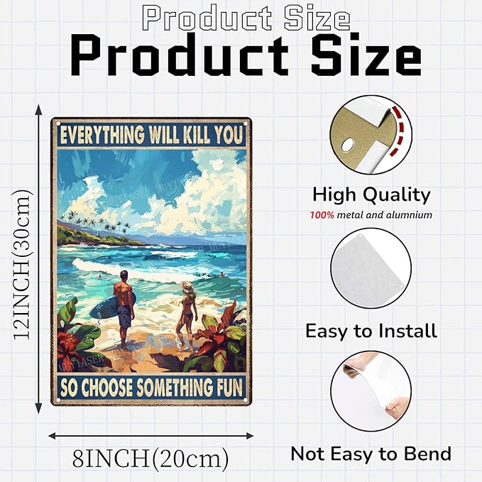 Metal Signs Surfing Choose Something Fun Beach Vintage Retro Aluminum Tin Sign for Garden Kitchen Office Home Bar Cafe Decor 8x12 Inch