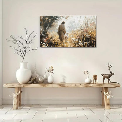 1Pcs Vintage Framed Jesus Lamb Paintings Canvas Wall Art Shepherd Flock Paintings Christian Wall Decor Modern Pictures Religious Art Print for Living Room Bedroom Decoration12inx16in