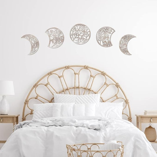 Jetec 5 Pcs Moon Phase Wall Art Decor Wall Pediments Hanging Wooden Phase Spiritual Bedroom Nordic Boho Lunar Aesthetic Art for Living Room Dorm Apartment Ornament(Vintage Color,10.6 Inch,Botanical)