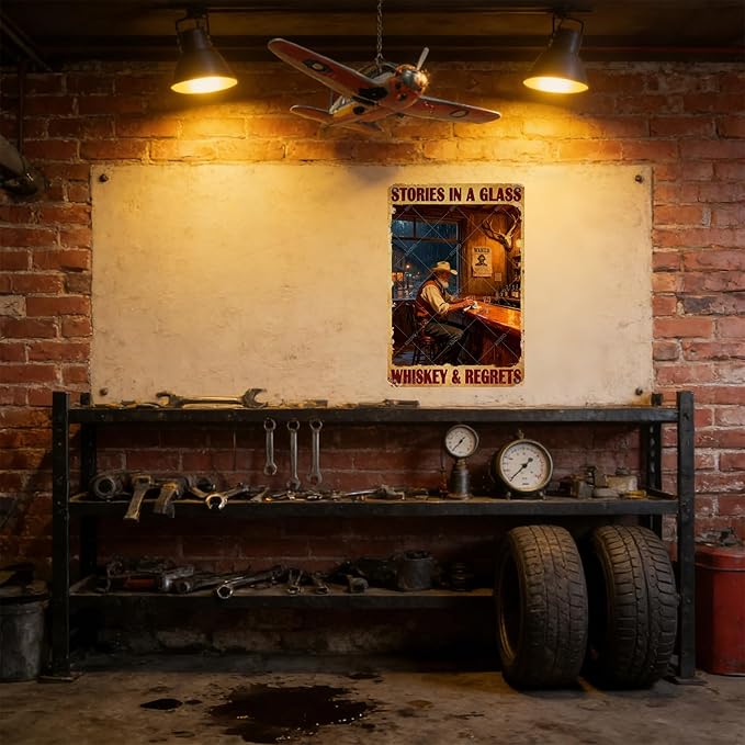 Western Cowboy Metal Tin Sign Rustic Wall Decor Vintage Stories In A Glass Retro Art Iron Painting for Home Bar Man cave 16x12 Inch