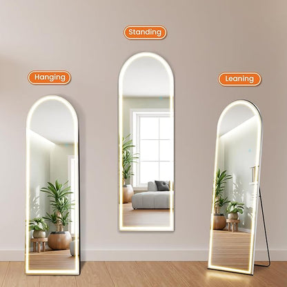 Sweetcrispy Arched LED Full Length Mirror with Stand, 60"x16" Lighted Floor Body Mirror with Dimming & 3 Color Lighting, Hanging or Leaning, Floor Standing for Bedroom, Dressing Room