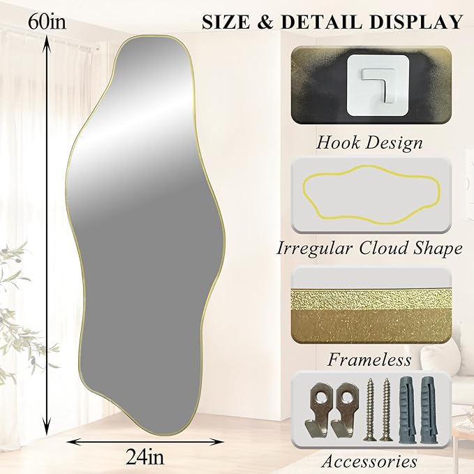 Irregular Wall Mirror, 60"x24" Large Asymmetrical Tempered Glass Mirror, Gold Modern Organic Frameless Mirrors for Living Room Bedroom Hallway Entryway, Horizontal or Vertical Hanging