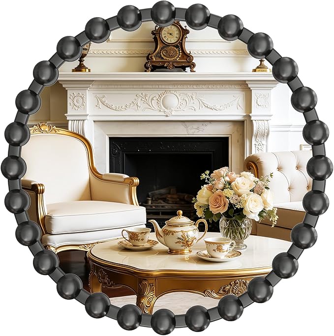 Round Vanity Mirror with Beaded Frame, 24 Inch Circle Wall Mirror for Bedroom Dresser, Entryway, Bathroom, Living Room, Decorative Hanging Wall Mirror, Black