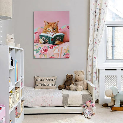 Framed Vintage Cats Canvas Wall Art, Funny Animal Reading Books Poster Printing Pictures, Pink Cute Cat Lovers Wall Decor for Girls Room Bedroom Kids Room Living Room Bathroom 12x16 in