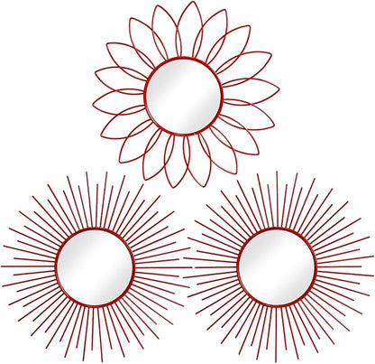 3 Pack Metal Mirrors for Wall Sunburst Wall Mirrors Home Décor Decorative Hanging Wall Art for Living Room Bedroom Entryway (Red, Flower+Sunburst)