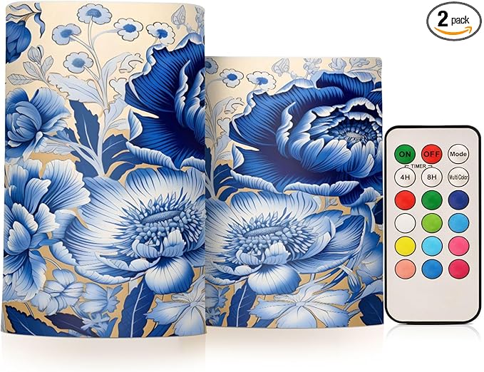 ALAZA White Navy Blue Flowers Floral Flickering Flameless Candles Battery Operated with Remote Timer,Tea Light Candles LED Pillar Votive Candles Set of 2 for Outdoor Indoor Decorations