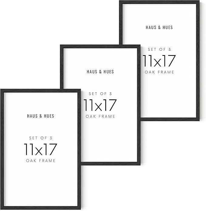 HAUS AND HUES 11x17 Black Oak Frame Set of 3 - Wooden Poster Display, Wall-Mounted Design