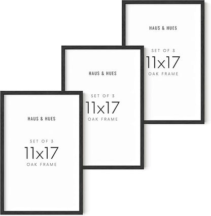 HAUS AND HUES 11x17 Black Oak Frame Set of 3 - Wooden Poster Display, Wall-Mounted Design