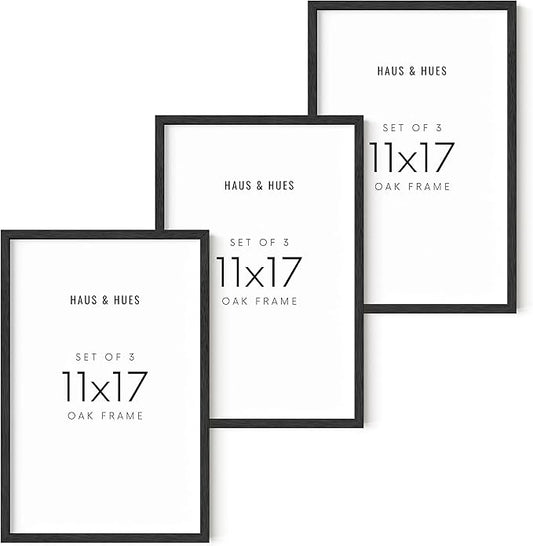 HAUS AND HUES 11x17 Black Oak Frame Set of 3 - Wooden Poster Display, Wall-Mounted Design