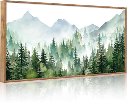 CHDITB Mountain Landscape Framed Canvas Wall Art(40"x20"), Boho Nature Forest Artwork Prints, Large Abstract Modern Green Pine Trees Art Decor for Bedroom Living Room Office