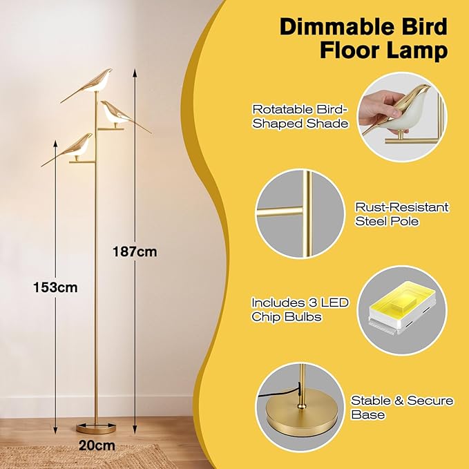 Remote Control Floor Lamps for Living Room: with 3 Adjustable LED Bird Lights - Easy to Install in 5 Minutes - Dimmable Standing Lamp - Tall Bird Floor Lamp for Bedroom Kids Room Home Decor