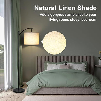 LALISU Modern Floor Lamp, 3-Ways Dimmable Standing Lamp with Linen Shade, Adjustable Height, Foot-Step Switch, Reading Lamp for Living Room, Bedroom, Office, 9W Bulb Included (Black)