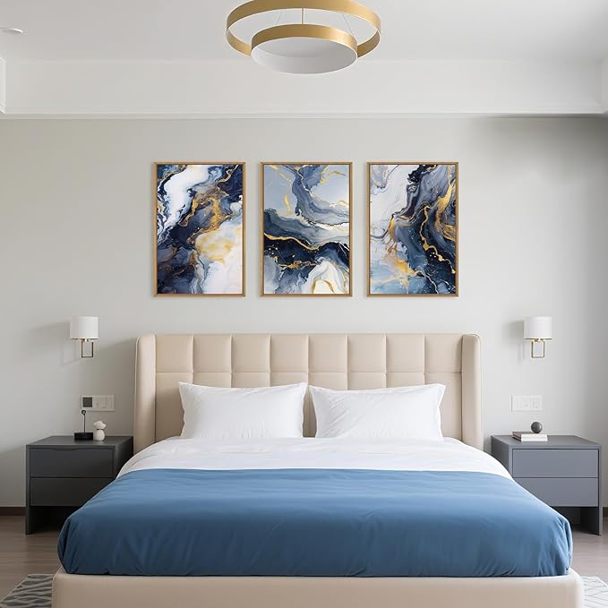 Navy Blue and Gold Framed Canvas Wall Art Set,Mid-Century Modern Abstract Wall Decor,Navy Blue Ink Wash Painting,Neutral Art Print for Living Room,Bedroom,Dining Room,Office-16 x24 x3