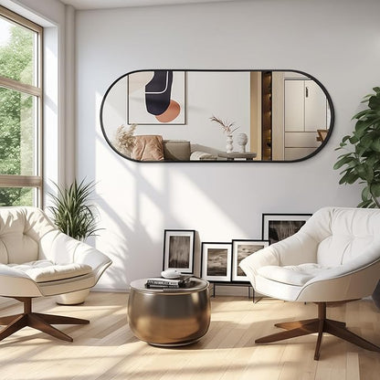 JJUUYOU Oval Full Length Mirror Black Metal Framed Bathroom Mirrors for Wall 63"X32" Inch Matte Bedroom Vanity Mirror Farmhouse Anti-Rust Tempered Glass Hangs Horizontally or Vertically Mirrors