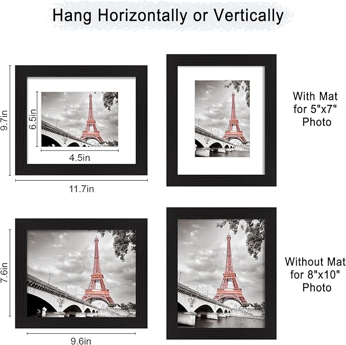 iRahmen 8x10 Picture Frame Set of 2, Black Wood Photo Frame with High Definition Real Glass, Display Pictures 5x7 with Mat or 8 x 10 without Mat for Tabletop or Wall Mounting
