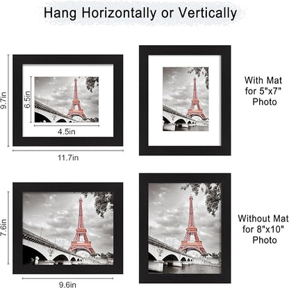iRahmen 8x10 Picture Frame Set of 2, Black Wood Photo Frame with High Definition Real Glass, Display Pictures 5x7 with Mat or 8 x 10 without Mat for Tabletop or Wall Mounting