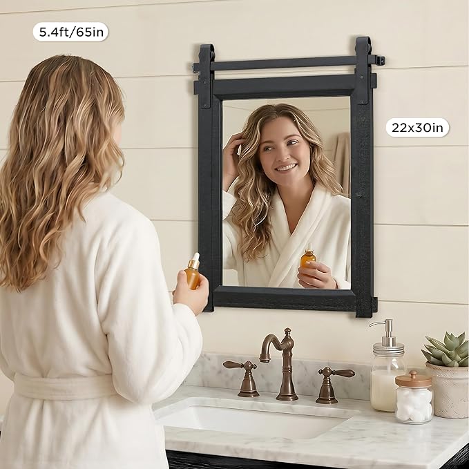 Besdomus Black Farmhouse Bathroom Mirror: 22"x30" Barn Door Rustic Solid Cedar Wood Frame Vanity Mirror - Home Decor for Entryway/Living Room/Bathroom Renovators - Modern Farmhouse for Homemakers