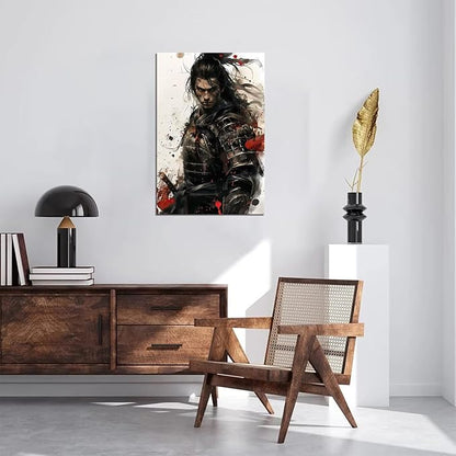 Samurai Canvas Wall Art Japanese Samurai Painting Prints Warrior Katana Picture Bushido Artwork for Bedroom Living Room Office Home Decoration Framed Ready to Hang (18''W x 24''H)